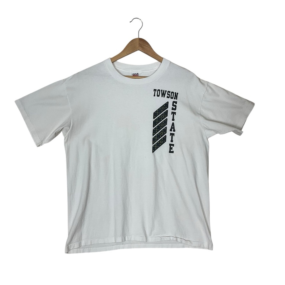 vtg ANVIL sz Large TOWSON STATE Short Sleeve T Shirt 100% Cotton White Green